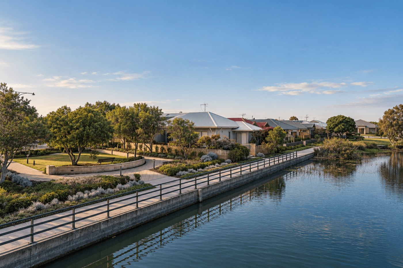 Aerial view of the home beside the lake, with a landscaped foreshore path running along the water.