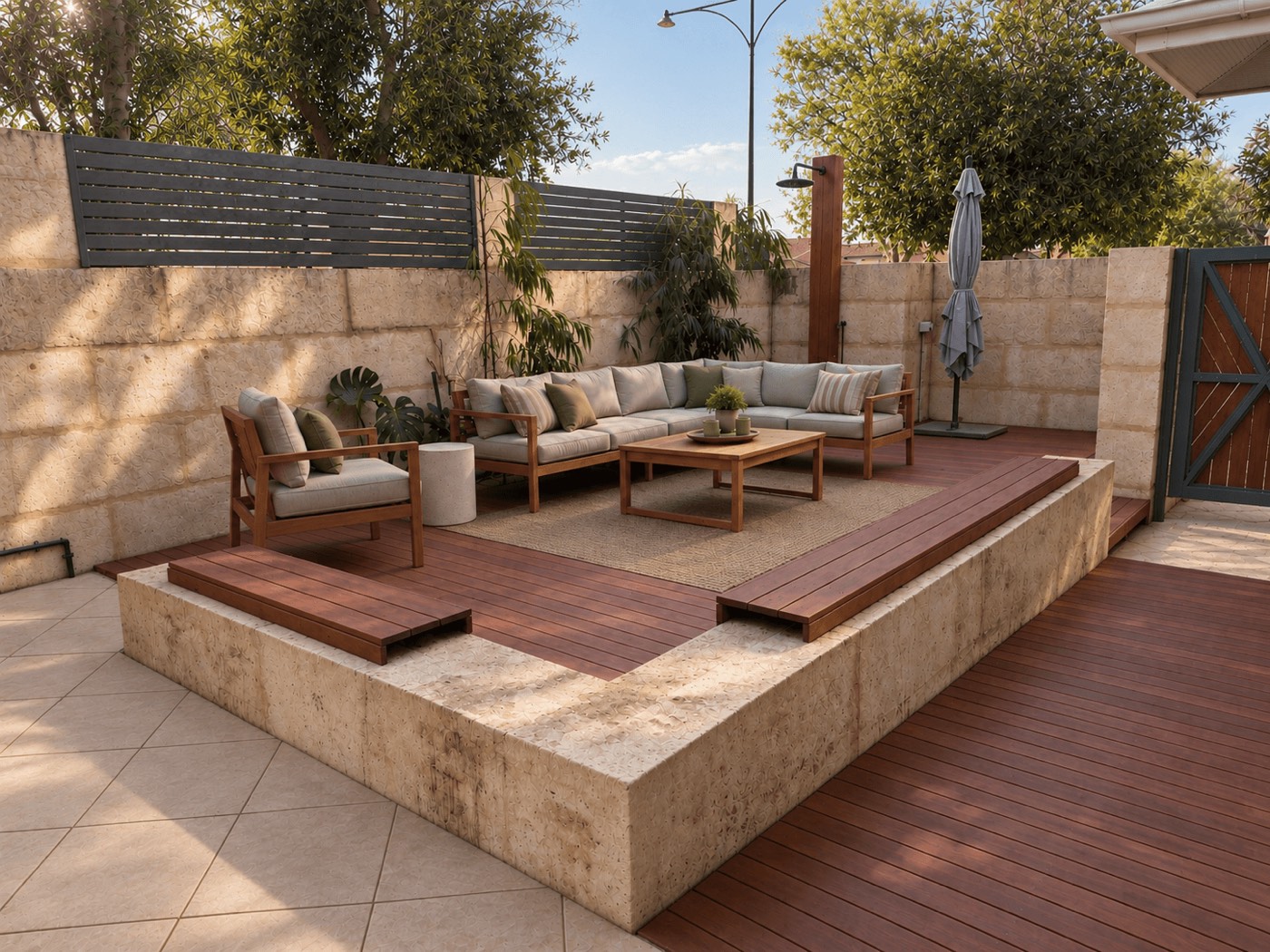 Merbau timber deck with an outdoor lounge setting against a limestone wall.