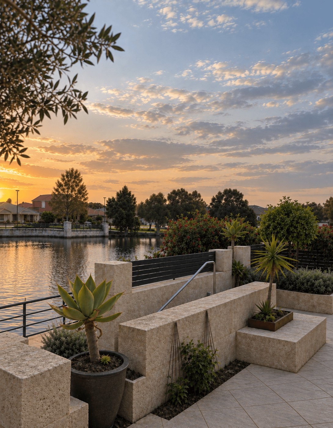 Limestone terrace steps leading down to a private gate on the lake at sunset.
